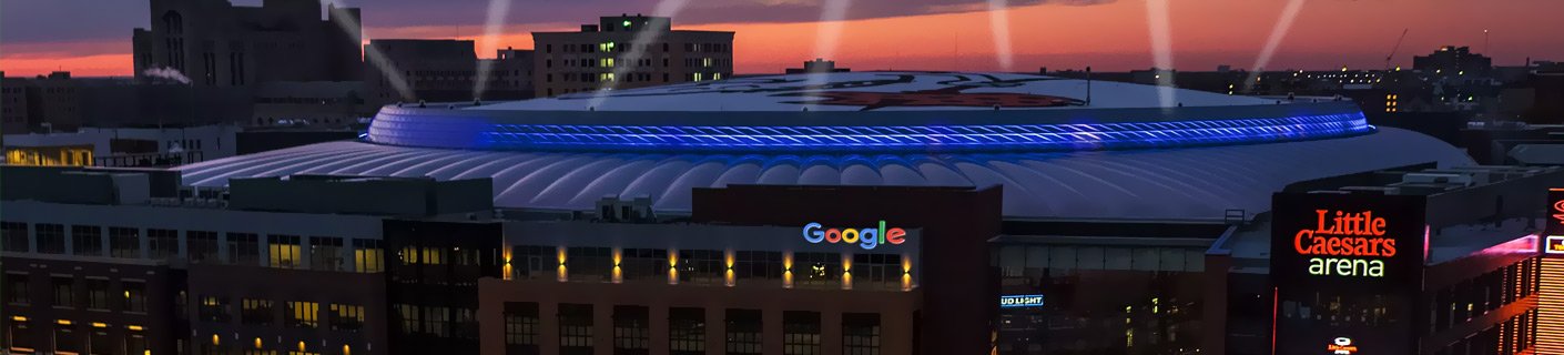 Overhead exterior shot of Little Caesars Arena